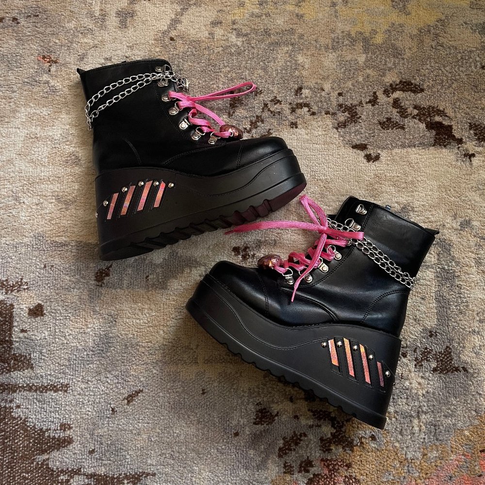 Platform Block Heel Mid Calf Boots with Chain